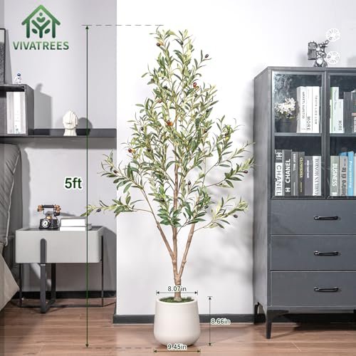 51IR-zOu5YL._SL500_.jpg VIVATREES 5FT Artificial Olive Tree with White Planter – Realistic Faux Plant for Home Office Decor - Image 2