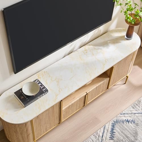 51Il7K6UxZL._SL500_.jpg OKD 70" Luxury Fluted TV Stand - Modern Entertainment Center for TVs Up to 80", Faux Marble Top, Curved Design, Natural Oak Media Console for Living Rooms - Image 3