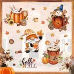 Mfault Hello Fall Gnome Window Clings - 4 Sheets of Autumn Decor with Pumpkins, Cups, & Scarecrows for Home & Kitchen. - Image 3