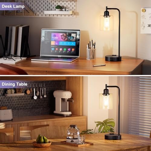 51KfINjjSEL._SL500_.jpg Set of 2 Industrial Touch Table Lamps - 3-Way Dimmable with USB Ports, Black Glass Shade for Bedroom & Office. - Image 6