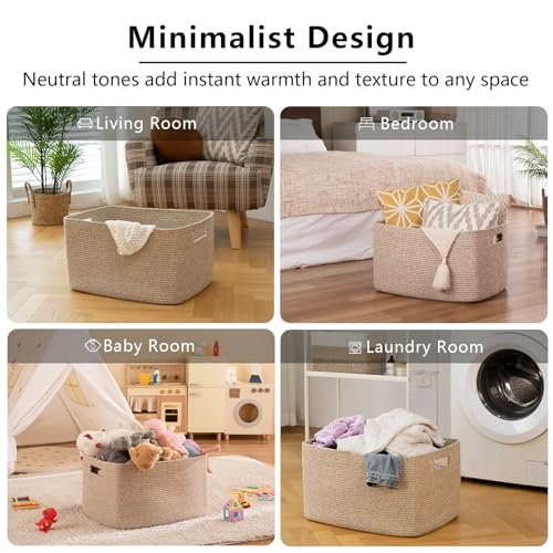 51LI-3F3PKL._SL500_.jpg OIAHOMY 75L Woven Blanket Storage Basket with Handle, Cotton Rope Organizer, 22”x17”x12”, Ideal for Living Room or Nursery Toy Storage, Brown Variegated. - Image 6
