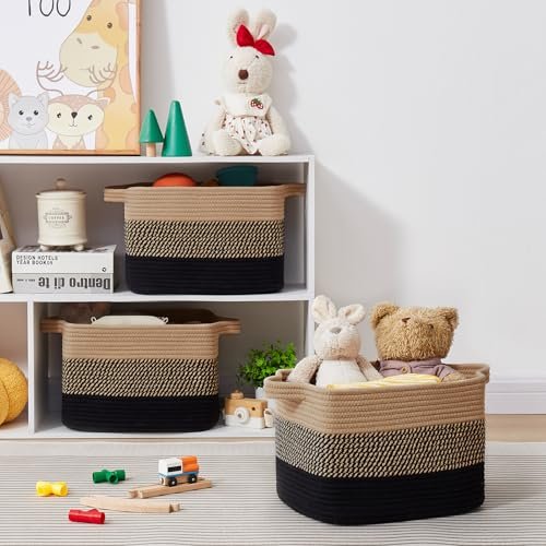 51PTFN6RqTL._SL500_.jpg OEASKET Storage Baskets for Organizing | Pack of 3 Decorative Woven Bins for Shelves, Closets, Toys, and Nursery (Black & Brown) - Image 8
