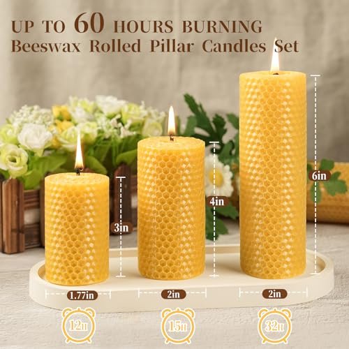 51QGb5rnreL._SL500_.jpg Hand-Rolled Pure Beeswax Pillar Candles, 3-Pack - Unscented, Smokeless, Dripless, 60-Hour Burn - Image 3