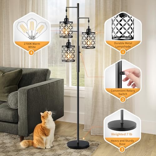 51R2RRFrtkL._SL500_.jpg GHOOCEMLUX 68" Dimmable Farmhouse Floor Lamp with Metal Cage, Ideal for Living Room & Office (2000LM LED Bulbs) - Black - Image 5