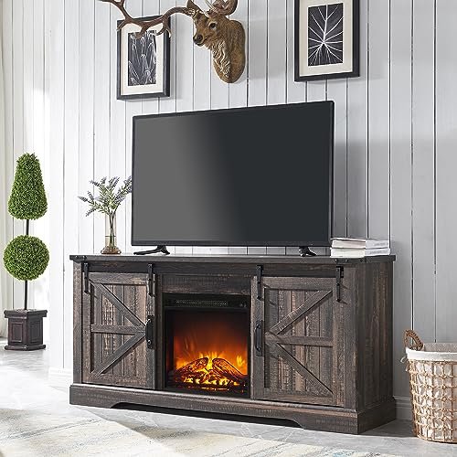 OKD Rustic Electric TV Stand for 65"+ TVs with 18" OKD Farmhouse Electric TV Stand for 65+ Inch TV, Rustic Entertainment Center with 18" Fireplace, Sliding Barn Door, Storage Shelves, Wood Media Console Cabinet for Living Room, Dark Rustic Oak