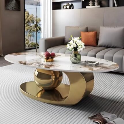 51.2'' Modern Coffee Tables for Living Room,Marble Oval Center Table with Luxury Metal Gold Base,Heat & Scratch Resistant,Easy Installation,Accent Furniture for Any Home Decor