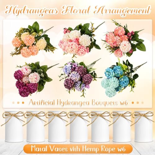 51S0pDNlveL._SL500_.jpg Wavwavw 6-Set Artificial Hydrangea Flower Centerpieces with Vase & Hemp Rope for Tables - Perfect for Weddings, Home, Office, or Parties! - Image 3