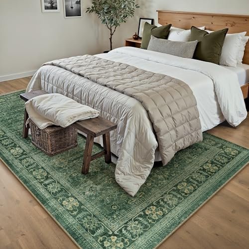 51SAIpfAE2L._SL500_.jpg PureCozy 8x10 Washable Green Vintage Distressed Area Rug - Non-Slip Floral Carpet for Indoor Use - Image 5