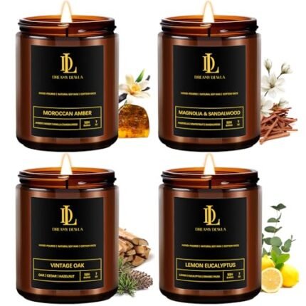 Scented Candles Set, Soy Candles for Home Scented, 4 Pack 28oz Candle Gifts for Men Women, Scents of Magnolia & Sandalwood/Moroccan Amber/Lemon Eucalyptus/Vintage Oak
