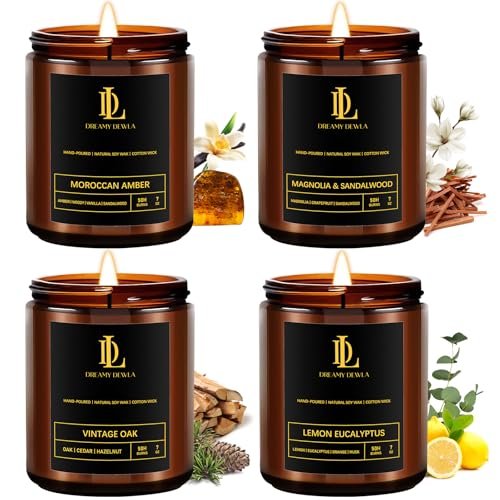 Scented Candle Set: 4-Pack Soy Candles for Home. Magnolia, Sandalwood, Scented Candles Set, Soy Candles for Home Scented, 4 Pack 28oz Candle Gifts for Men Women, Scents of Magnolia & Sandalwood/Moroccan Amber/Lemon Eucalyptus/Vintage Oak