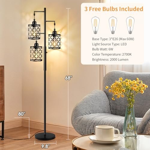 51TxK-jaY7L._SL500_.jpg GHOOCEMLUX 68" Dimmable Farmhouse Floor Lamp with Metal Cage, Ideal for Living Room & Office (2000LM LED Bulbs) - Black - Image 4