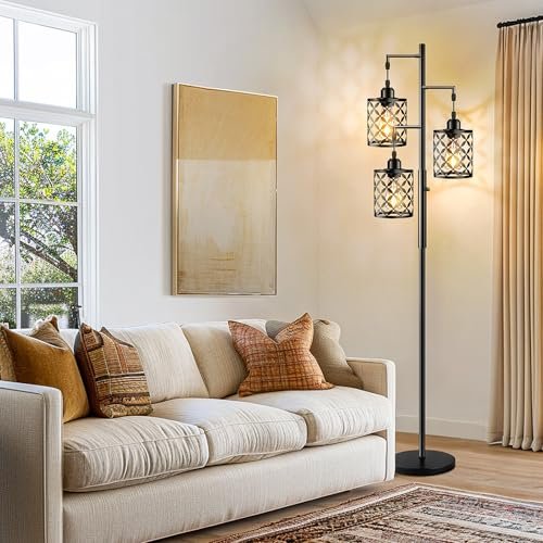 51V32EpSBnL._SL500_.jpg GHOOCEMLUX 68" Dimmable Farmhouse Floor Lamp with Metal Cage, Ideal for Living Room & Office (2000LM LED Bulbs) - Black - Image 6