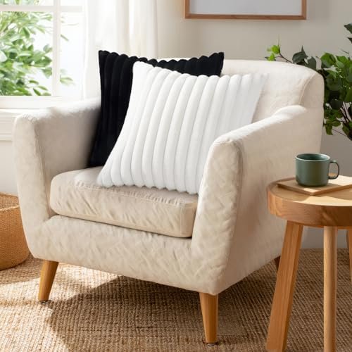 51VFatXBPTL._SL500_.jpg Set of 2 Pallene 18x18 Faux Fur Plush Throw Pillow Covers - Soft, Fluffy, Striped Decor for Couch or Living Room in White. - Image 4
