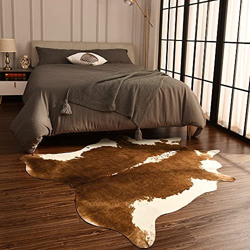 51VwzRf2E9S._SL500_.jpg BENRON Premium Faux Cowhide Rug - Rustic Cow Print for Living Room & Bedroom, 4.6x5.2ft, Anti-Skid, Khaki Brown - Image 3