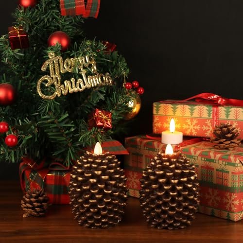 51VygV-jvML._SL500_.jpg Wondise Flameless Candles with Timer - Real Wax Pine Cone Design, Battery Operated, Set of 2 (Brown, 3.5" x 4.7") for Holiday Decor. - Image 4