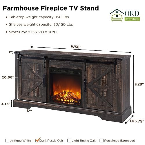 51WNZyIyVFL._SL500_.jpg OKD Rustic Electric TV Stand for 65"+ TVs with 18" Fireplace, Barn Doors & Storage - Dark Oak Cabinet - Image 7