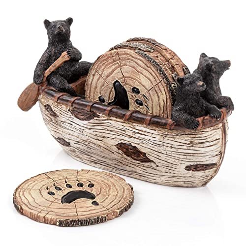 Set of 6 Rustic Bear Coasters in Handmade Canoe with Bear Coasters Set of 6 Full Size Rustic Coasters in Handmade Canoe with Adorable Black Bear Figurines | Black Bear Log Cabin Decorations, Rustic Lodge Decor for The Home