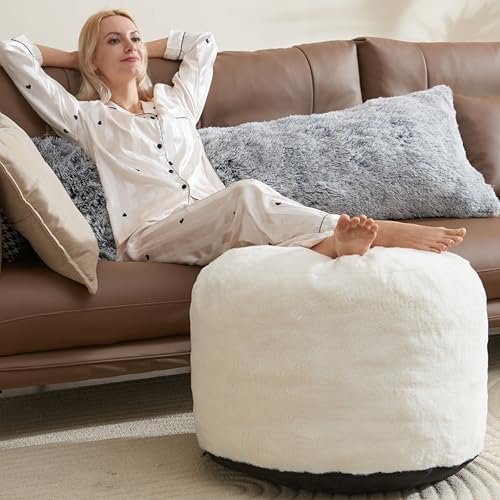 Cream 26"x18" Pouf Ottoman Foot Rest - Small Beige Poofy Pouf Ottoman Foot Rest 26"x18" Footstools and Ottomans Small with Filling Cream Small Beige Ottoman Foot Rest Ivory Poofy Ottom Stool Soft Poofs/Ottomans Furniture Living Room Ottom Footstool