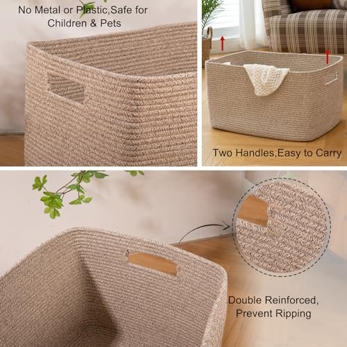 51Z6FFJAWfL._SL500_.jpg OIAHOMY 75L Woven Blanket Storage Basket with Handle, Cotton Rope Organizer, 22”x17”x12”, Ideal for Living Room or Nursery Toy Storage, Brown Variegated. - Image 4