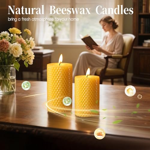 51Zah6c-P9L._SL500_.jpg Hand-Rolled Pure Beeswax Pillar Candles, 3-Pack - Unscented, Smokeless, Dripless, 60-Hour Burn - Image 7