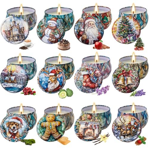Yinuo Candle Christmas Scented Candle Set - 12 Long-Lasting Soy Yinuo Candle Christmas Scented Candles Gift Set – 12 Pack Long Lasting Soy Wax Holiday Candles in Decorative Tin Jars, Winter Home Decor, Relaxing Aromatherapy Gifts for Women & Friends