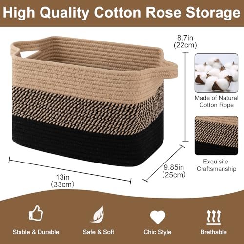 51a0F9exGL._SL500_.jpg OEASKET Storage Baskets for Organizing | Pack of 3 Decorative Woven Bins for Shelves, Closets, Toys, and Nursery (Black & Brown) - Image 2