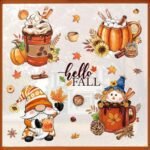 Mfault Hello Fall Gnome Window Clings 4 Sheets, Autumn Pumpkin Cup Scarecrow Hot Cocoa Coffee Stickers Decals Decorations, Sunflower Maple Leaves Acorn Cookie Seasonal Living Room Home Kitchen Decor