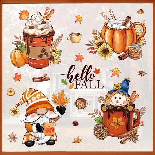 Mfault Hello Fall Gnome Window Clings - 4 Sheets of Mfault Hello Fall Gnome Window Clings 4 Sheets, Autumn Pumpkin Cup Scarecrow Hot Cocoa Coffee Stickers Decals Decorations, Sunflower Maple Leaves Acorn Cookie Seasonal Living Room Home Kitchen Decor