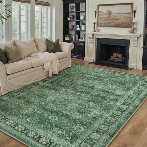 51aYpgEcRpL._SL500_.jpg PureCozy 8x10 Washable Green Vintage Distressed Area Rug - Non-Slip Floral Carpet for Indoor Use - Image 4