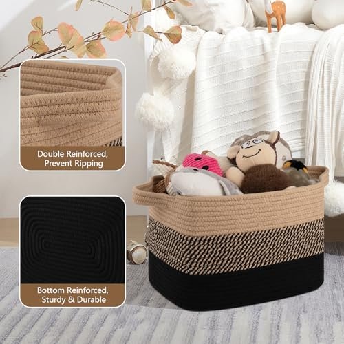 51bY0LjXQDL._SL500_.jpg OEASKET Storage Baskets for Organizing | Pack of 3 Decorative Woven Bins for Shelves, Closets, Toys, and Nursery (Black & Brown) - Image 3