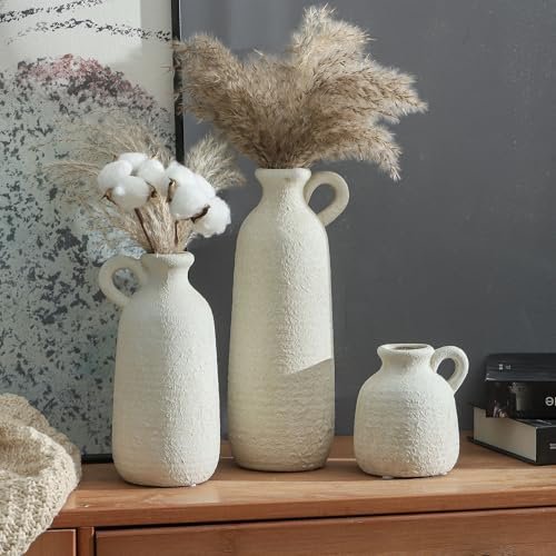 51cjCyxSeYL._SL500_.jpg Set of 3 Rustic Ceramic Vases with Handles - Whitewashed Farmhouse Décor for Home, Kitchen, Living Room. - Image 6