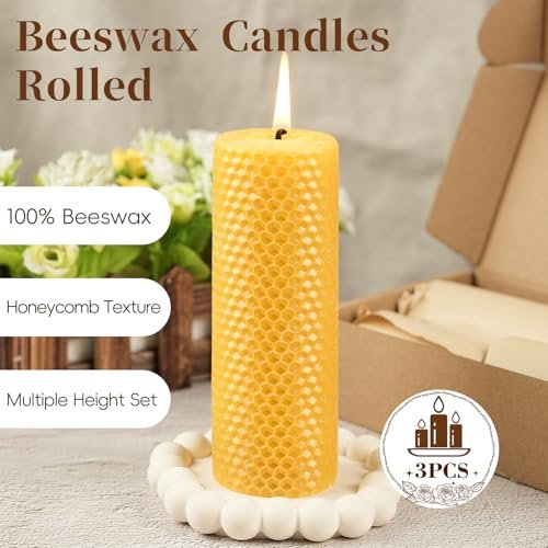51comjNlHL._SL500_.jpg Hand-Rolled Pure Beeswax Pillar Candles, 3-Pack - Unscented, Smokeless, Dripless, 60-Hour Burn - Image 2