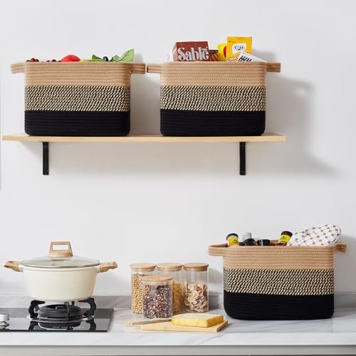 51dtQwKs57L._SL500_.jpg OEASKET Storage Baskets for Organizing | Pack of 3 Decorative Woven Bins for Shelves, Closets, Toys, and Nursery (Black & Brown) - Image 9