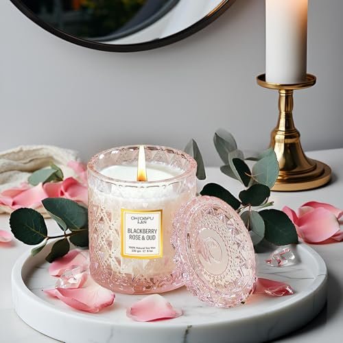 51gseVGTS9L._SL500_.jpg Chloefu LAN Rose & Oud Scented Candle - Perfect Mother's Day Gift, 55-Hour Burn, 100% Natural Soy Wax, Pink Home Decor. - Image 4