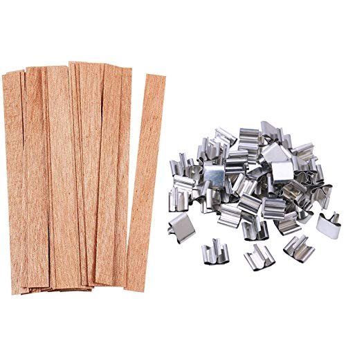 100-Piece Wooden Candle Wicks Kit: 50 Smokeless Wicks & 50 100 pcs Wooden Candle Wicks kit, Include 50 Pcs 5.1 X 0.5 Inch Candle Making Wicks and 50 Pcs Iron Stand Naturally Smokeless Wooden Candle Wicks Candle Cores for DIY Candle Making