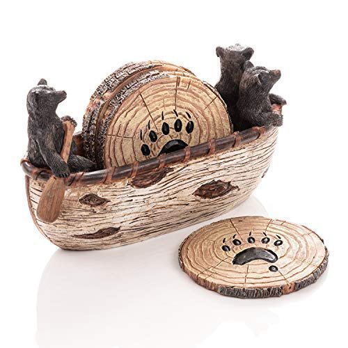 51gyyTYZVvL._SL500_.jpg Set of 6 Rustic Bear Coasters in Handmade Canoe with Cute Black Bear Figurines. Perfect Lodge Decor! - Image 8