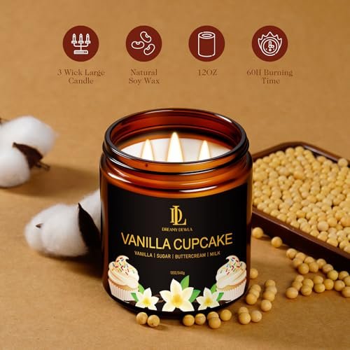 51hayGnss-L._SL500_.jpg Vanilla Cupcake Scented Candle - 12oz, 60-Hour Burn, Large 3-Wick Natural Soy Candle, Perfect Gift for All - Image 3