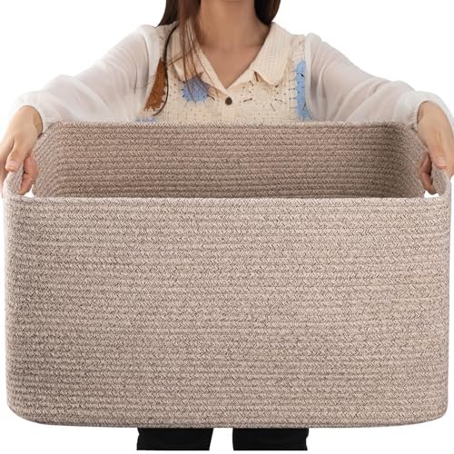 OIAHOMY 75L Woven Blanket Storage Basket with Handle, Cotton Rope OIAHOMY 75L Large Blanket Basket, Woven Blanket Storage Basket with Handle, Cotton Rope Basket for Organizing 22”x17”x12”, Blanket Basket living Room, Toy Basket for Nursery, Brown variegated
