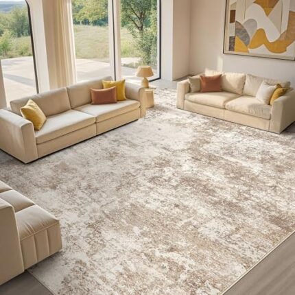 Micgeek Area Rug Living Room - 9X12 Abstract Washable Large Soft Foldable Non Slip Rug Neutral Modern Low Pile Carpet for Bedroom Nursery Dining Room Farmhouse Home Office Indoor - Brown
