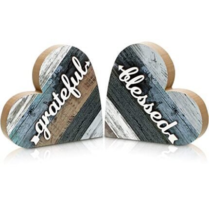 Jetec 2 Pcs Rustic Table Decorations for Living Room Home Farmhouse Table Centerpieces Small Love Wooden Heart Decor for Dining Room Shelf Housewarming Gifts New House Decoration(Grateful Style)