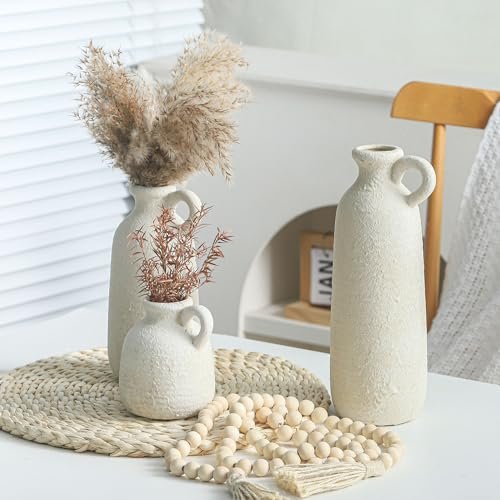 51pKfmxDhKL._SL500_.jpg Set of 3 Rustic Ceramic Vases with Handles - Whitewashed Farmhouse Décor for Home, Kitchen, Living Room. - Image 4