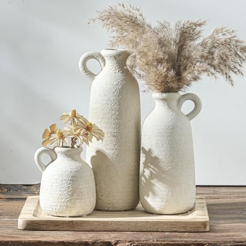 Set of 3 Rustic Ceramic Vases with Handles - Whitewashed Ceramic Vase Set of 3 with Handle, Neutral Rustic Vases Home Decor Farmhouse Decorative Vase Whitewashed Pottery Decor Modern for Table Mantel Entryway Bookshelf Living Room Kitchen Bedroom - White