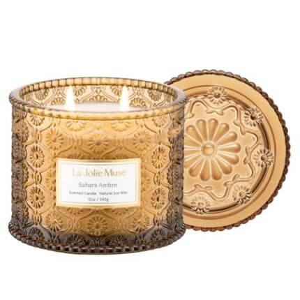 LA JOLIE MUSE Amber Candle, Scented Candles for Home, Large 2-Wick Soy Candles, Luxury Jar Candle Gifts for Women & Men, 60 Hours Long Burning, Sahara Ambre, 12oz