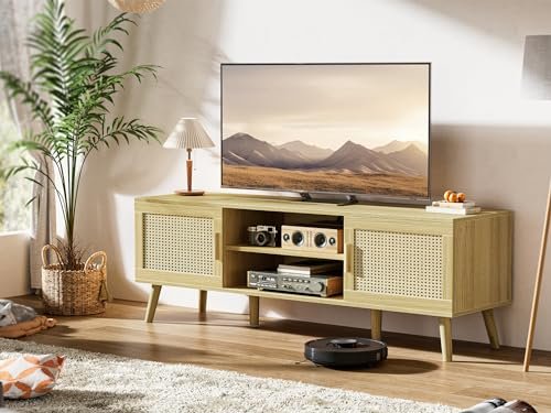 51s9jyaJG4L._SL500_.jpg SUPERJARE Boho TV Stand for 65-Inch TVs, Adjustable Rattan Media Console with 2 Cabinets - Perfect for Living Room - Image 2
