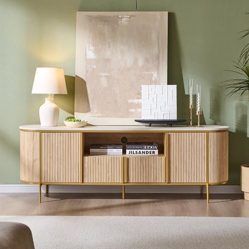 51txazz3ML._SL500_.jpg OKD 70" Luxury Fluted TV Stand - Modern Entertainment Center for TVs Up to 80", Faux Marble Top, Curved Design, Natural Oak Media Console for Living Rooms - Image 2