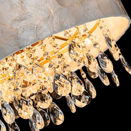 51uLpeE4PNL._SL500_.jpg LumFurn 4-Light Drum Capiz Shell Crystal Chandelier - Coastal Pendant for Dining Room, Adjustable D18x21-68" with Gold Finish. - Image 8