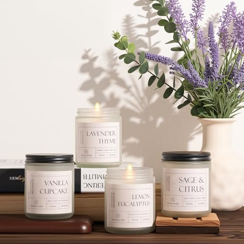 51viMUUhdAL._SL500_.jpg Molensun 4-Pack Home Scented Candles: Long-Lasting Soy Gift Set for Mother's Day 28oz - Lavender, Lemon Eucalyptus, Sage Citrus, Vanilla Cupcake. - Image 3