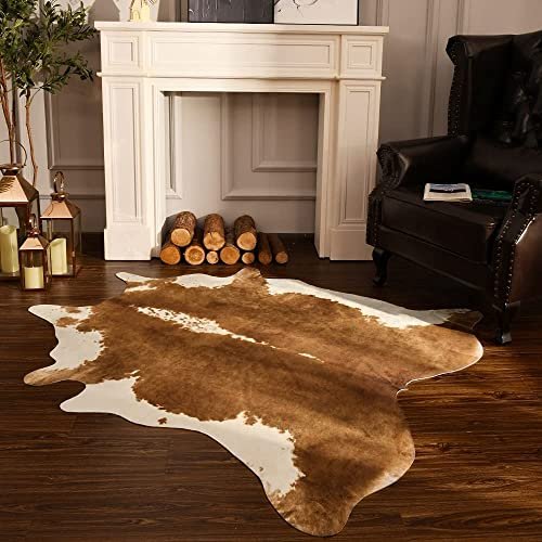 BENRON Premium Faux Cowhide Rug - Rustic Cow Print for BENRON Premium Faux Cowhide Rug, Cow Print, Rustic Western Rugs for Living Room Bedroom, Irregular Animal Skin Hides, 4.6 x 5.2ft, Anti-Skid Cool Carpets for Cowboy Cowgirl Home Decor, Khaki Brown