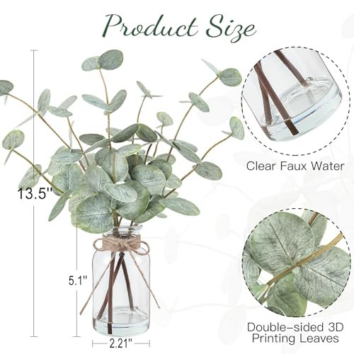 51zchqIIucL._SL500_.jpg Bessol 13.5” Artificial Eucalyptus Stems in Glass Vase with Faux Water for Home, Office, and Weddings - Image 2