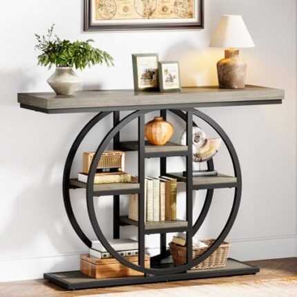Celaform 41" Console Table, 4-Tier Entryway Table with Circle Base, Industrial Narrow Wood Sofa Accent Tables with Storage Shelves for Living Room, Hallway, Foyer (Grey)